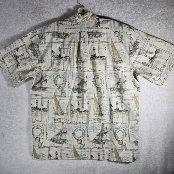 Reyn Spooner XL Beige Button Up Short Sleeve Hawaiian Shirt Ships Ports Angler - Picture 2 of 8
